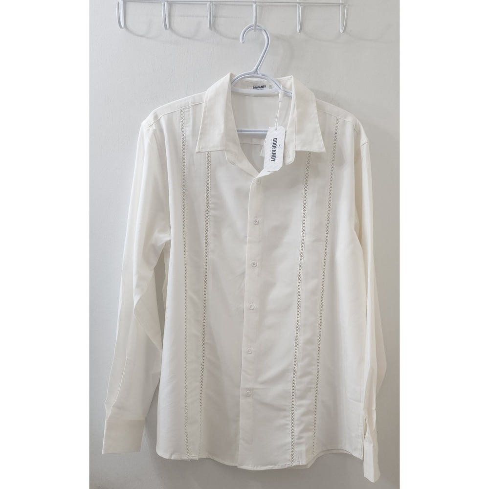 COOFANDY Mens Off White Lace Panel Guayabera Long Sleeve Button Down Shirt L NEW